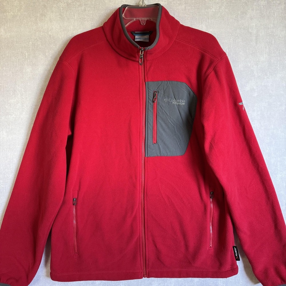 Columbia Titanium Polartec Fleece Jacket Mens Large‎ Red Gray Full Zip Outdoor